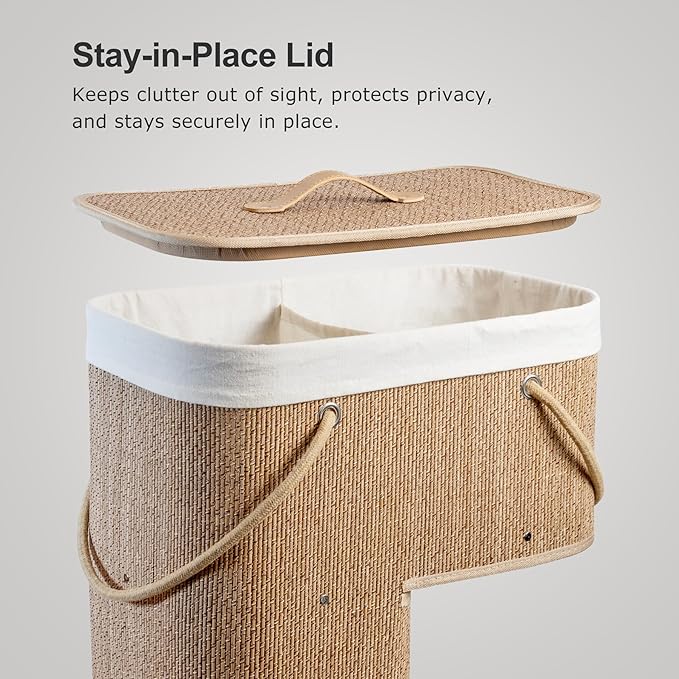 Stair Basket with Lid & Handle – Staircase Storage Basket for Wooden & Carpeted Stairs, Foldable Step Baskets for Stairs, Bamboo Storage Bin Organizer for Stair, shoes & Books (Soft Wheat)