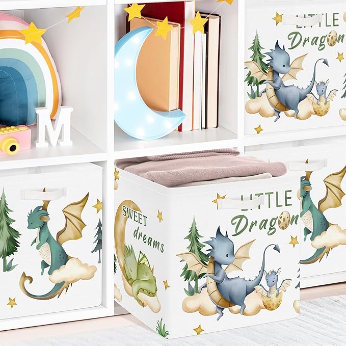 Clastyle 3 pcs Dinosaur Cube Storage Unit Boxes Volcano Kallax Box for Shelves Parents Storage Baskets for Book Clothes Toy Organizer, Dragon, 11.8x11.8x11.8 in