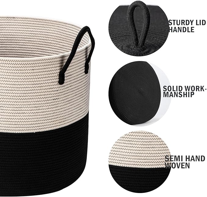 21" x 18"Extra Large storage baskets,Eco-friendly rope baskets with lid,blanket basket living room with lid,hampers for bedroom,big,round, Black 115L