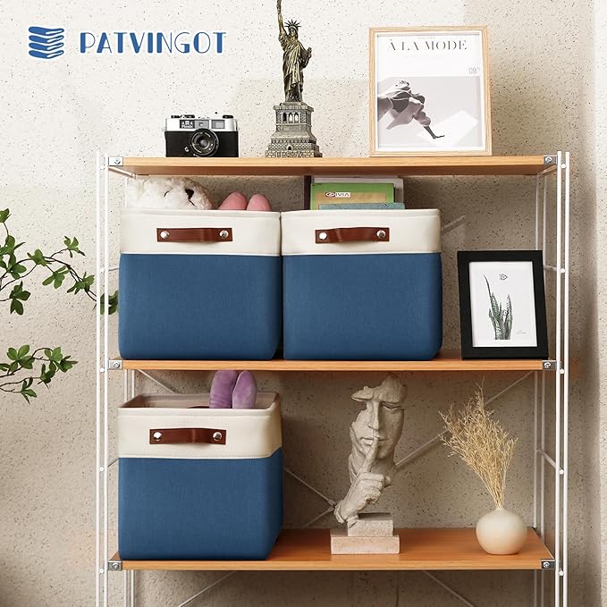 4-Pack Foldable Fabric Storage Cubes 11x11 Inch, Sturdy Cube Organizer Bins with Leather Handles, Storage Baskets for Closet Shelves and Home Organization(White/Blue)
