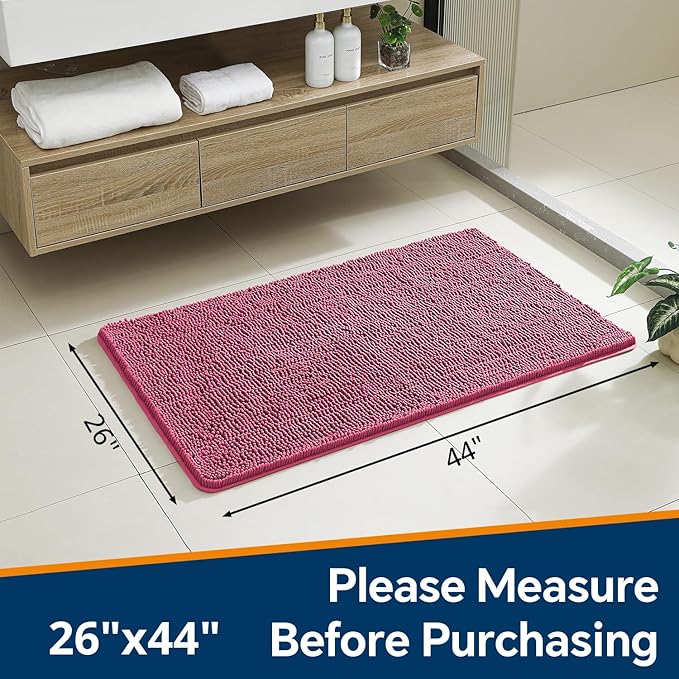 Hot Pink Bathroom Rugs 26"x44" - Thick Plush Chenille Non-Slip Bath Mat - Absorbent, Washable, Soft Decor for Sink, Shower, Tub, Kitchen, Vanity, Home Accessories