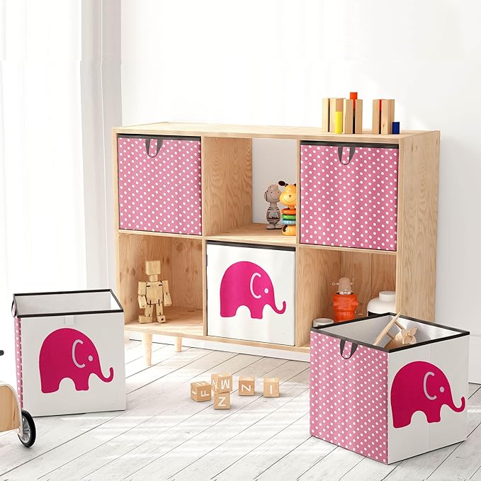 Bacati - Large Storage Tote Elephants Pink/Grey 14 x 14 x 10 inches
