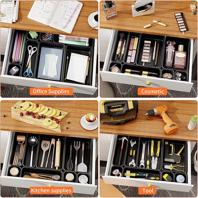 45 Pack Desk Drawer Organizer Tray, 3 Sizes Plastic Drawers Organizer Storage for Kitchen, Bathroom, Office, Vanity, Makeup, Utensils, Junk Drawer Organizer Bins, Gadget Trays for Organizing.