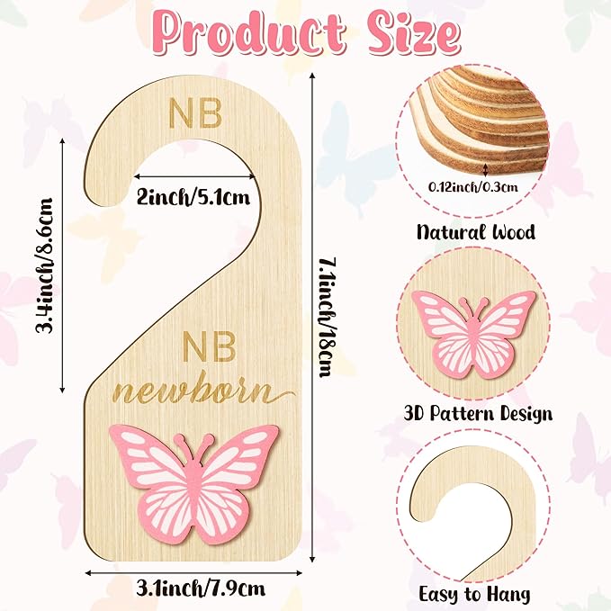R HORSE 3D Wooden Baby Closet Dividers - 8Pcs Pink Butterfly Baby Closet Organizer, Double-sided Newborn Clothes Size Hanger Dividers Nursery Decor Birthday Gift for Boys Girls, 0-24 Months