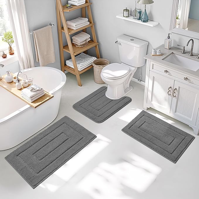 GRANNY SAYS Bathroom Rugs Sets 3 Piece, Soft Absorbent Microfiber Bath Mats for Bathroom Non Slip Washable, U-Shaped Toilet Bath Rugs for Tub Shower (Deep Grey, 16" x 24" + 20" x 32" + U Shaped)