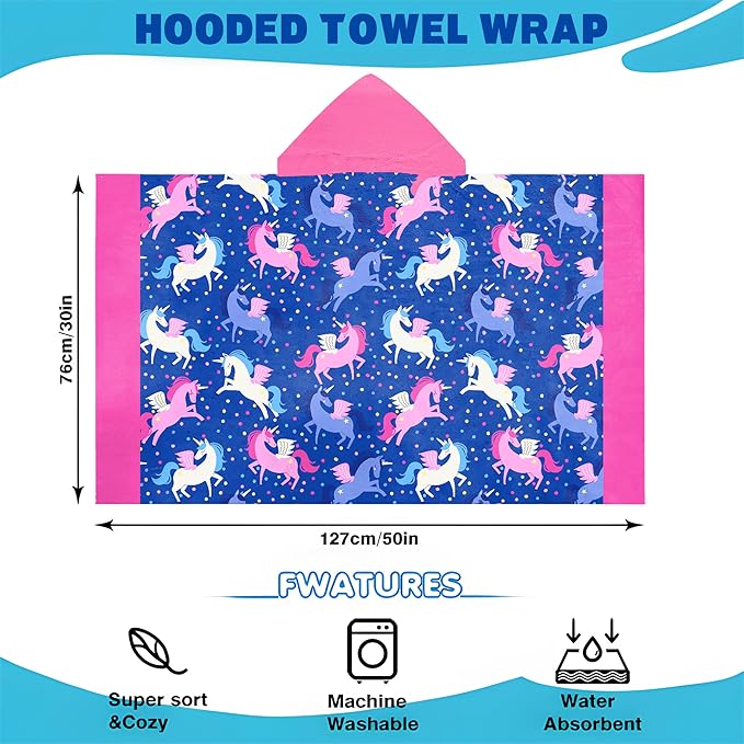Hooded Towels for Kids -Toddler Beach Towel- Super Absorbent & Quick Dry 100% Cotton 30x50 Inch - to Kid Ages 3-10-Pink Unicorn Pattern Design