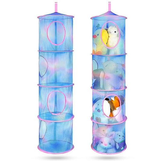 Basumee Stuffed Animals Net or Hammock 2 Pcs Stuffed Animals Storage Toy Net Hammock for Plushies Storage Organizer Mesh Kids Girls Room Decor, Blue Teal, 4 Tiers
