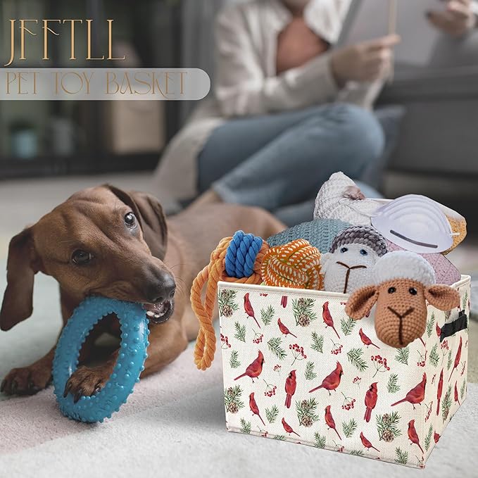 Cardinal Christmas Storage Bins with Handles, Cardinal Lovers Gifts, Winter Red Berry Bird Botanical Collapsible Laundry Basket Storage Box for Home Bedroom Bathroom Clothes Toys Books