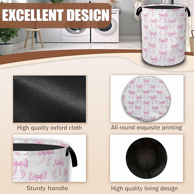 Pink Bow Laundry Hamper,Laundry Baskets,Waterproof Oxford Cloth Toy Storage for Bedroom,Bathroom,Nursery,16x20.8 Inch