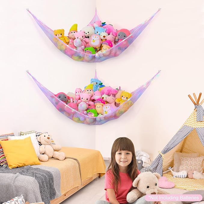 Basumee Stuffed Animals Net or Hammock with LED Light Hanging Toy Net Hammock for Stuffed Animals Storage Stuff Animals Hammocks for Nursery Room with Remote Control, 8 Kinds of Lights(Pack of 2)