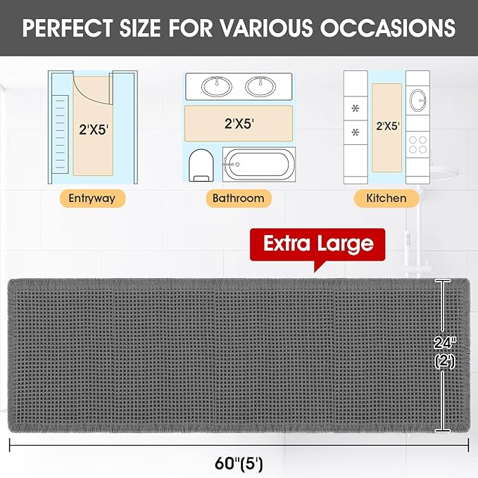 ACCUMTEK Extra Large Waffle Bath Mat, 5'x2' Grey, Super Absorbent Non-Slip Quick Dry Bathroom Rugs with Tassels, Machine Washable Ultra Soft Boho Bath Rugs for Floor, Toilet Mats Boho Farmhouse Decor