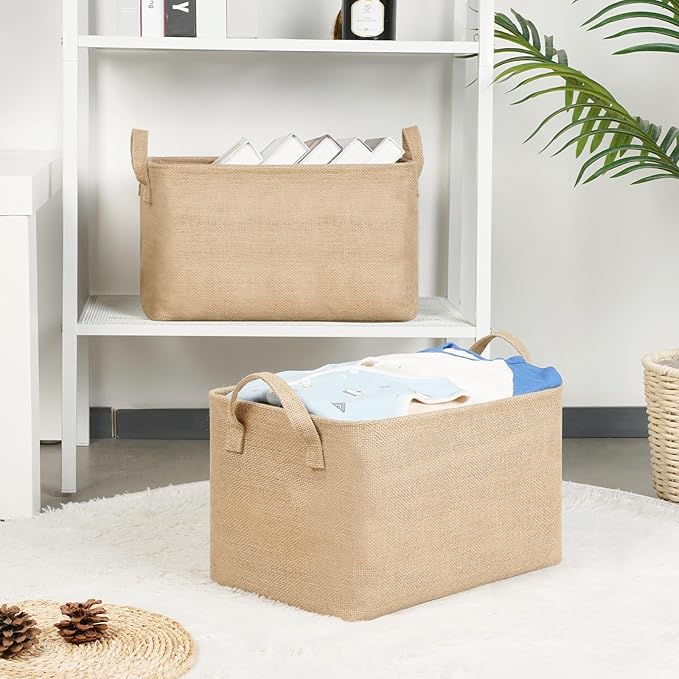 Bidtakay Rectangular Storage Basket,Collapsible Storage Bin with Hardboard,15" L x 10" W x 9" H Waterproof Coating Burlap Storage Box with Handles for Home Organization,Shelf Basket (Flax)