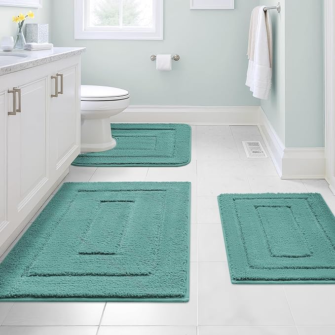 GRANNY SAYS Bathroom Rugs Sets 3 Piece, Soft Absorbent Microfiber Bath Mats for Bathroom Non Slip Washable, U-Shaped Toilet Bath Rugs for Tub Shower (Teal, 16" x 24" + 20" x 32" + U Shaped 20" x 24")