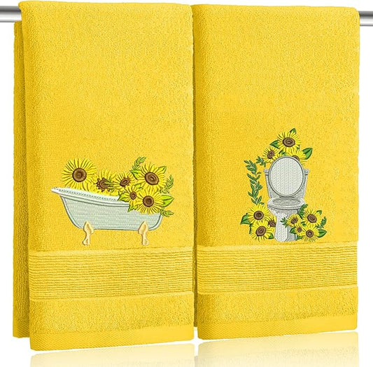 2pcs Yellow Sunflower Hand Towels for Bathroom Decorative Towels Set 100% Cotton cute Embroidered Spring summer floral bath towels dish kitchen towels Farmhouse Bathroom Decor Gift(Yellow Sunflower)
