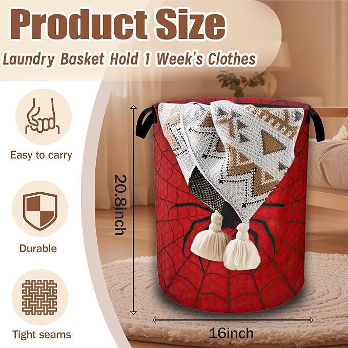Red Spider Web Laundry Baskets,Laundry Hamper,Storage Basket with Handles for Bathroom Bedroom College Dormitory Living Room Nursery Organizer 16"x20.8"