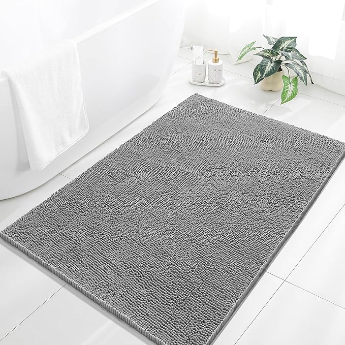 Gray Bathroom Rugs 40"x60" - Large Plush Chenille Non-Slip Runner Bath Mat - Absorbent, Washable, Soft Decor for Shower, Sink, Tub, Floor, Home Accessories