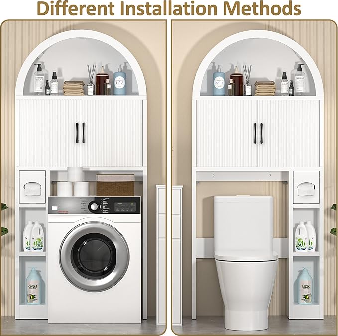 Over The Toilet Storage Cabinet, Bathroom Organizer Over Toilet, Arched Storage Organizer Cabinet with Anti-Tip Device and Adjustable Shelf for Washroom Laundry and Restroom, White