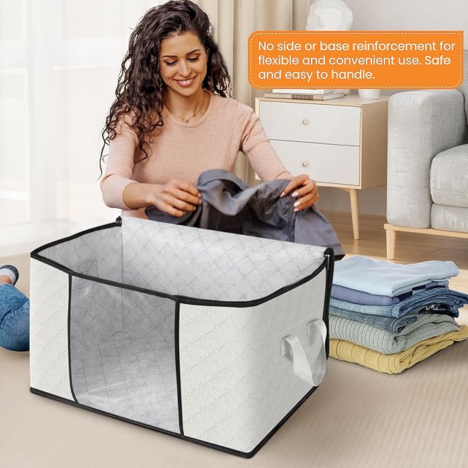 Fab totes 8 Pack Clothes Storage, Foldable Thick Fabric Blanket Storage Bags, Containers for Organizing Bedroom, Closet, Clothing, Comforter, Organization with Handle,Ivory White