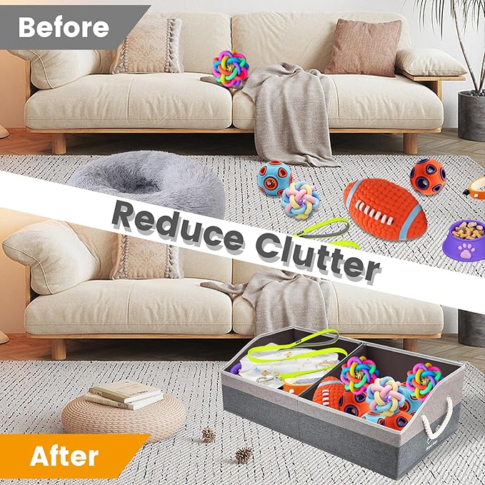 Large Dog Toy Basket With Handle, Foldable Dog Toy Box for Living Room Area, 28.5" Basket for Dog‘s Toys, Clothes, Organizers and Storage with Hard Board, Anti-slip for Pet Toys (Gray, Large)