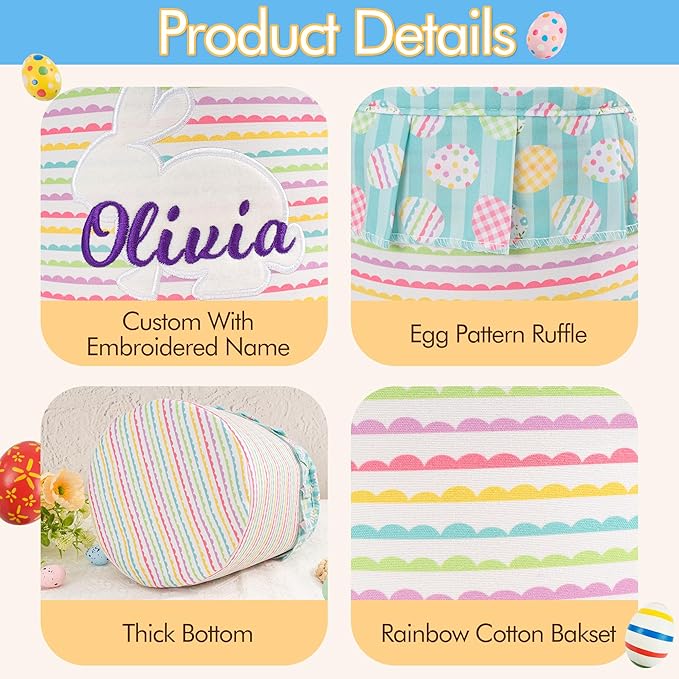 MT WORLD Toddler Easter Bunny Basket Personalized Easter Egg Bucket for Kids with Name Rabbit Ruffle Bucket Tote for Baby Boys Girls Easter Egg Hunts Decorations Candy Gifts Storage (Rainbow)