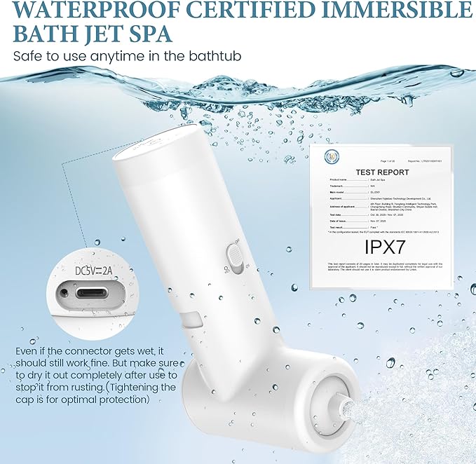 Bath Jet Spa, Rechargeable Bath Jet/Bubble Modes, Impact Force 65 kPA, Cordless Portable Mute Bathtub Accessories for Home Spa, Bathtub Jets for Tub Adjustable Speed Full-Body Relaxing (White)