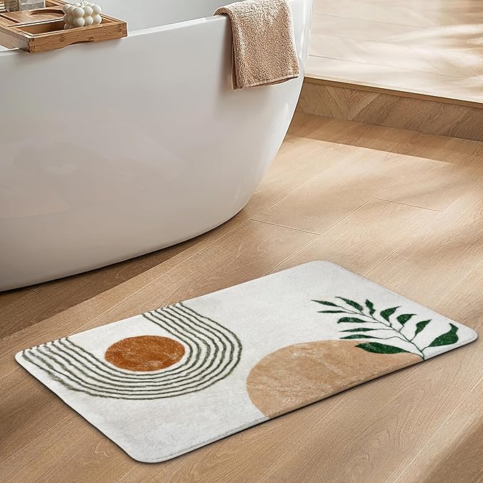 17''x24 Boho Bath Rugs for Bathroom Decor Non-Slip Bath Mat Absorbent Plush Microfiber Soft Carpet Machine Washable Bath Mat for Bathrooms,Showers,Laundry Rooms,White and Green