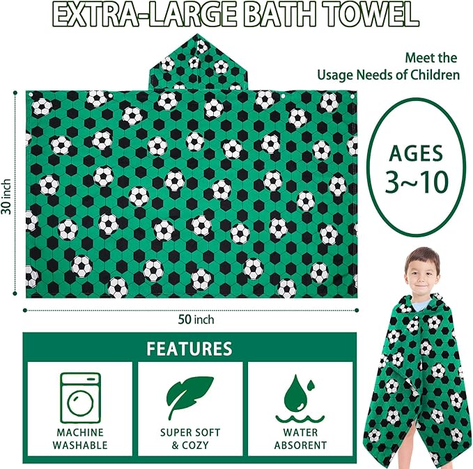 Hooded Towels for Kids - Ultra Soft 100% Cotton Soccer Toddler Hood Bath Towels/Pool Terry Towel Beach Poncho Wrap Absorbent Cute Bath & Swim Wrap for Boys & Girls 3-10 Years Beach Essentials - Green