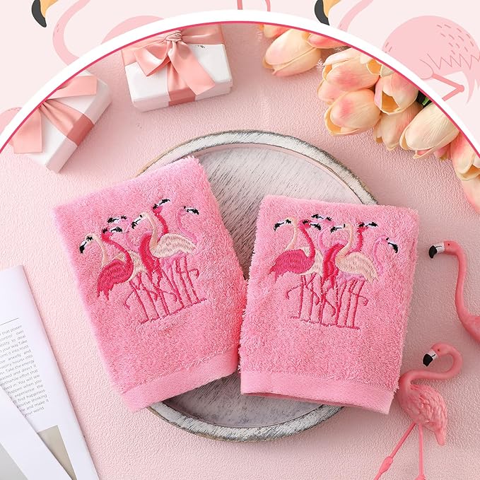 2 Pcs Flamingo Hand Towels Hot Pink Bathroom Decor 14x29 Inch Embroidered 100% Cotton Soft Absorbent Spring Summer Decorative Hand Towels for Bathroom Kitchen