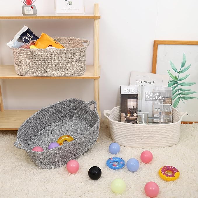 ABenkle Small Storage Basket with Handles, Cotton Rope Woven Dog Cat Toy Bin, Decorative Shelves Closet Organizing for Nursery Laundry Bedroom Bathroom, 14.2''x 11''x 5.1''