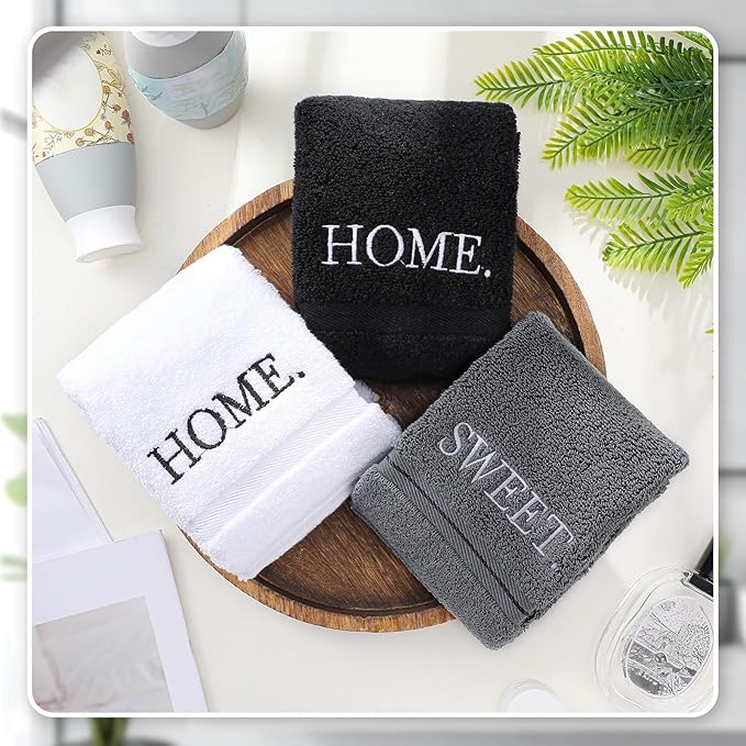 3 Pcs Farmhouse Decorative Hand Towels for Bathroom and Kitchen Rustic Embroidered 100% Cotton Hand Towels Decorative Set for Boho Bathroom Decor (Black,Home Sweet Home)