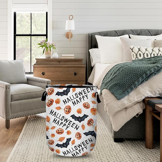 Halloween Pumpkin Bat Laundry Basket with Sturdy Handles, Happy Halloween Collapsible Oxford Cloth Laundry Hamper Organizer Basket for Bathroom Bedroom 15.7x20 Inch