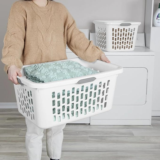 Large Plastic Laundry Basket with 4 Comfort Grip Handles, 2 Bushel Capacity, White