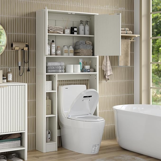 Furnideco Fluted Over The Toilet Storage Cabinet 31''W Modern Above Toilet Storage Cabinet with Fluted Doors & Adjustable Shelf for Bathroom, Antique White