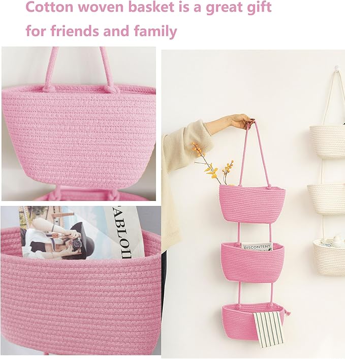 YYaaloa Pink Woven Cotton Hanging Baskets for Organizing Decor 3-Tier Over the Door Wall-Mounted Storage Bag Nursery Baskets for Organizing Living Room, Bathroom and Bedroom (Pink)