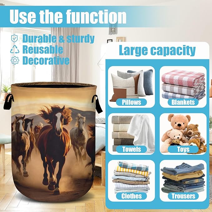 Running Horse Laundry Basket, Laundry Hamper Collapsible Oxford Cloth with Handle Clothes Toy Storage Bin for Bathroom Laundry Room Bedroom 15.7 X 20 Inch