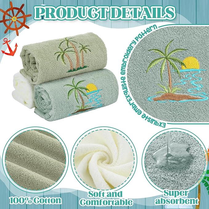 3 Pack Summer Palm Tree Hand Towels for Bathroom 100% Cotton Embroidered Beach Bathroom Towels 13.78 x 29.53 Inch Soft Absorbent(Green Series, Palm Tree)