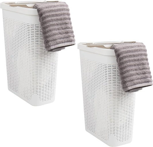 Mind Reader Slim Laundry Hamper with Lid, 40L Clothes Basket, Premium Wicker Design, Plastic, Set of 2, White