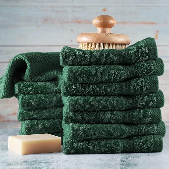 Hearth & Harbor Washcloths 12 Pack - 100% Cotton Washcloth for Body and face, High Absorbent and Soft 13"x13" Body Wash Cloth, Quick Dry - Hunter Green Washcloths