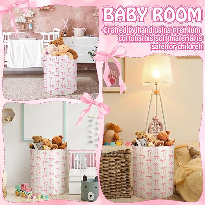 Coquette Pink Bow Laundry Basket Pink Bow Nursery Laundry Basket Hamper Waterproof Collapsible Storage Bin Organizer for Bedroom Bathroom Room Dorm Clothes Toys