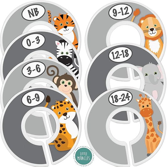 Safari Nursery Closet Size Dividers - 7X for Baby Clothes - Elephant Giraffe Zebra Lion Monkey Decor - for Boy or Girl - [Safari] [Grey/Gray]