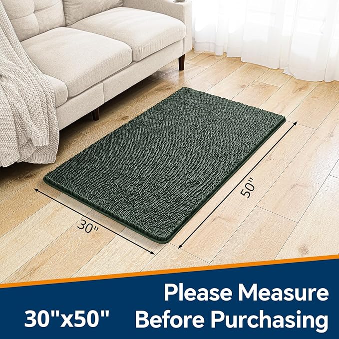 Hunter Green Bathroom Rugs 30"x50" - Large Plush Chenille Non-Slip Runner Bath Mat - Absorbent, Washable, Soft Decor for Shower, Sink, Tub, Floor, Home Accessories