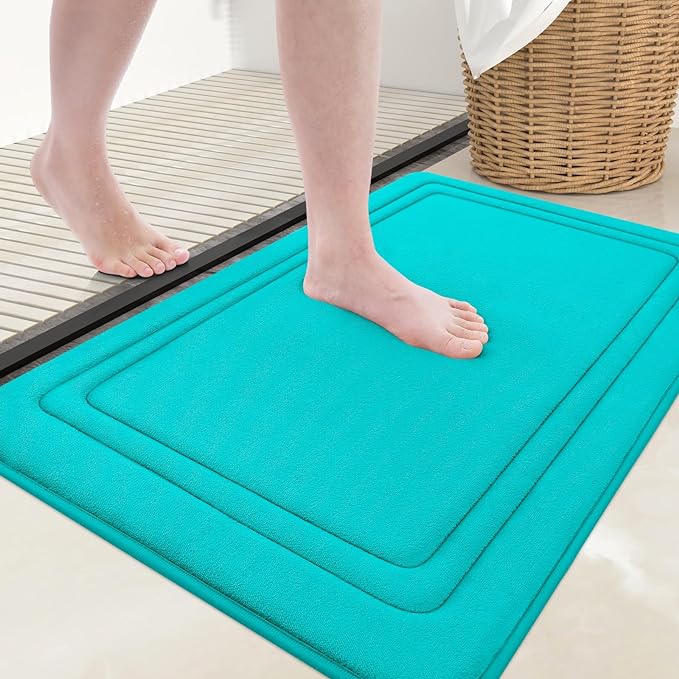Grandaily Memory Foam Bath Mat Rug 24x16, Ultra Soft, Non-Slip and Absorbent Bathroom Rugs, Machine Wash Dry, Comfortable Bath Carpet for Bathroom Floor, Tub and Shower, Teal