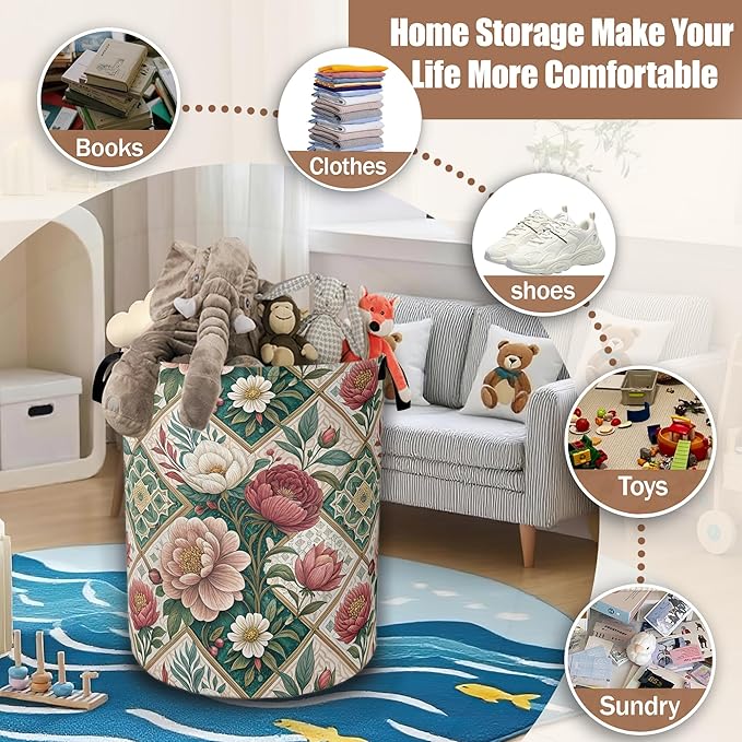 Elegant Floral Laundry Basket,Waterproof Foldable Vintage Peonies Roses Laundry Hamper,Dirty Clothes Basket, Linen Bin Storage Organizer Collection 16" x 20.8"