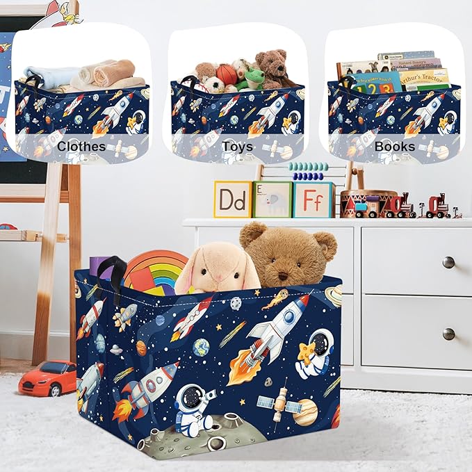 Space Rockets Laundry Hamper Cartoon Astronaut Large Storage Basket Planet Collapsible Parents Organizer Boys Clothes Toy Bins for Bedroom, Bathroom, Blue, 36L