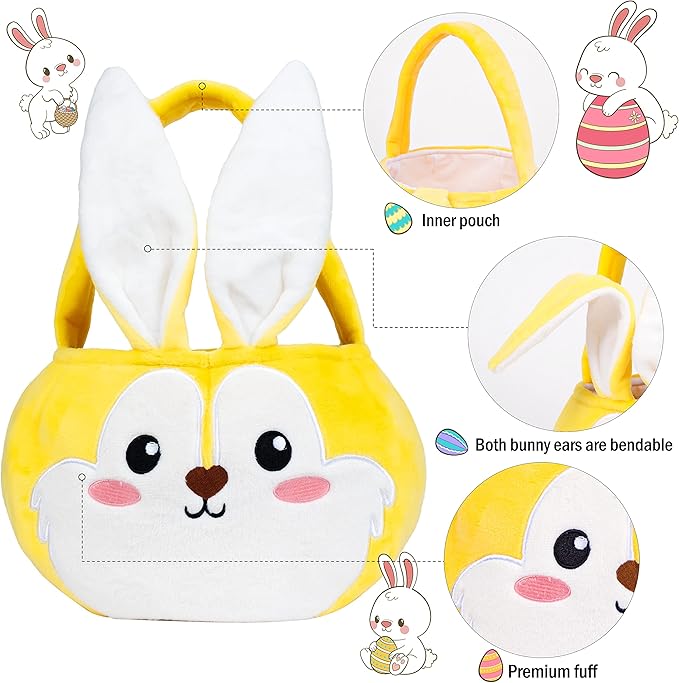 Easter Baskets 3 Pack Cute Empty Bunny Basket with Foldable Ears and Handle for Kids Boy Girl Gift, Easter Decor Set 3 Pink Blue Yellow