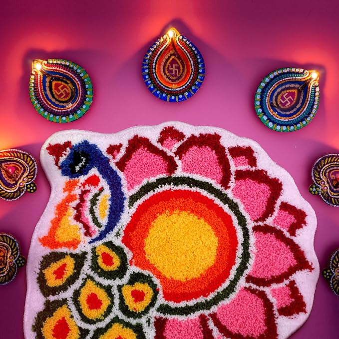 20 Inch Diwali Rangoli Mat Decorations Indian Diwali Door Mat for Home Peacock and Petals Decoration Non Slip Washable Rug for Indian Traditional Pooja New Year Entrance Gift