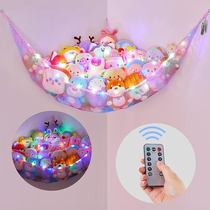 Basumee Stuffed Animals Net or Hammock with LED Light Hanging Toy Net Hammock for Stuffed Animals Storage Stuff Animals Hammocks for Nursery Room with Remote Control, 8 Kinds of Lights(Pack of 1)