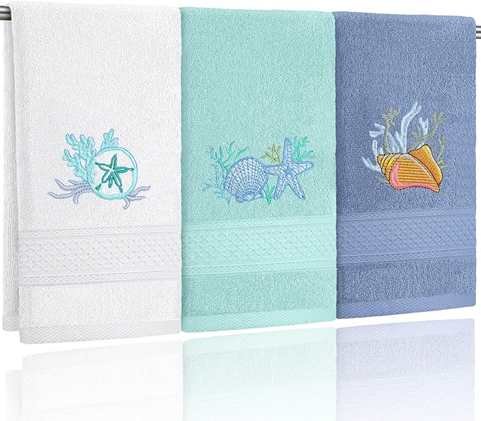 3 Pack Coastal Hand Towels for Bathroom 100% Cotton Embroidered Beach Bathroom Towels 13.78 x 29.53 Inch Soft Absorbent (White Green Blue, Seashell)