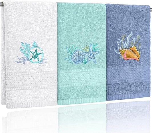 3 Pack Coastal Hand Towels for Bathroom 100% Cotton Embroidered Beach Bathroom Towels 13.78 x 29.53 Inch Soft Absorbent (White Green Blue, Seashell)