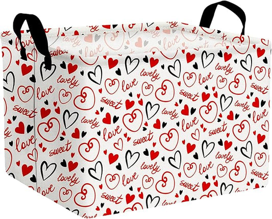 Large Valentine's Day Basket Heart Shaped Storage Bin for Gifts Collapsible Organizer Room Decor (Black Red Empty Lines Love)